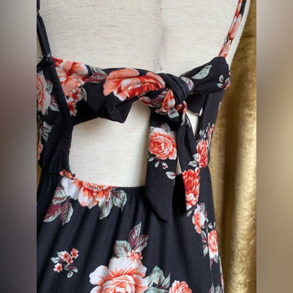 Black Maxi Dress w/ Pink Roses, Soft, Keyhole Back Tie, Ruffle Hem - Picture 7 of 14